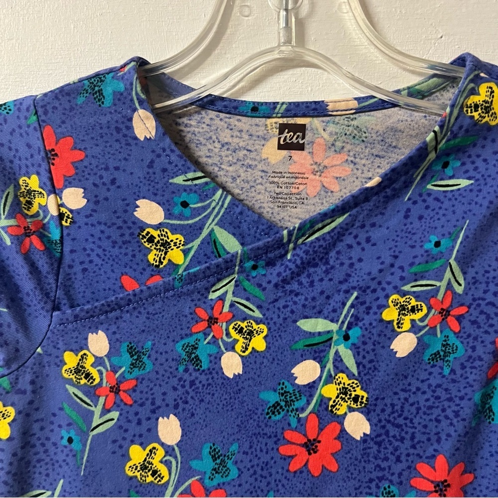 Tea Collection Girl's Blue Floral Print Dress Size 7 - Picture 2 of 4